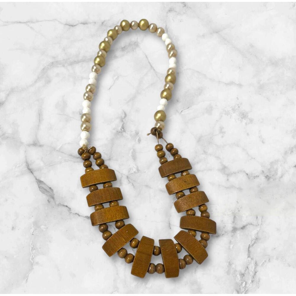 Womens Multistrand Necklace Brown Wooden Beads and Gold and White Plastic Pearls